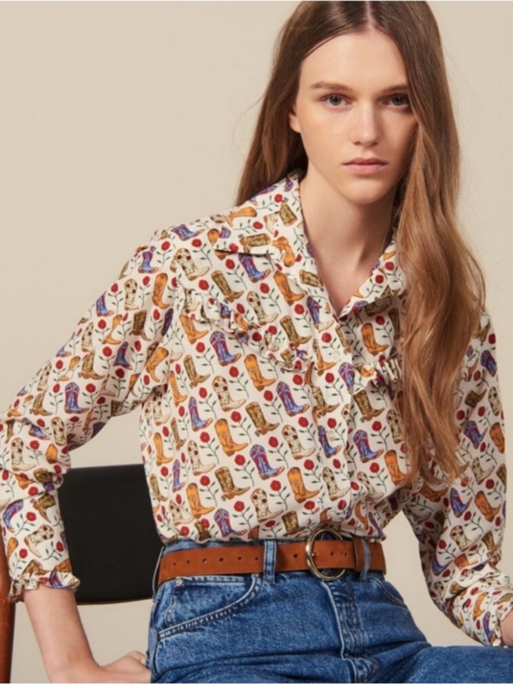 Sandro Bootsee Western Cowboy Boot Button Front Blouse Size 1 - US 2-4 Small